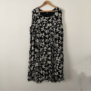Vintage 90s Olivia Black and White Floral Flowy Sleeveless Midi Dress